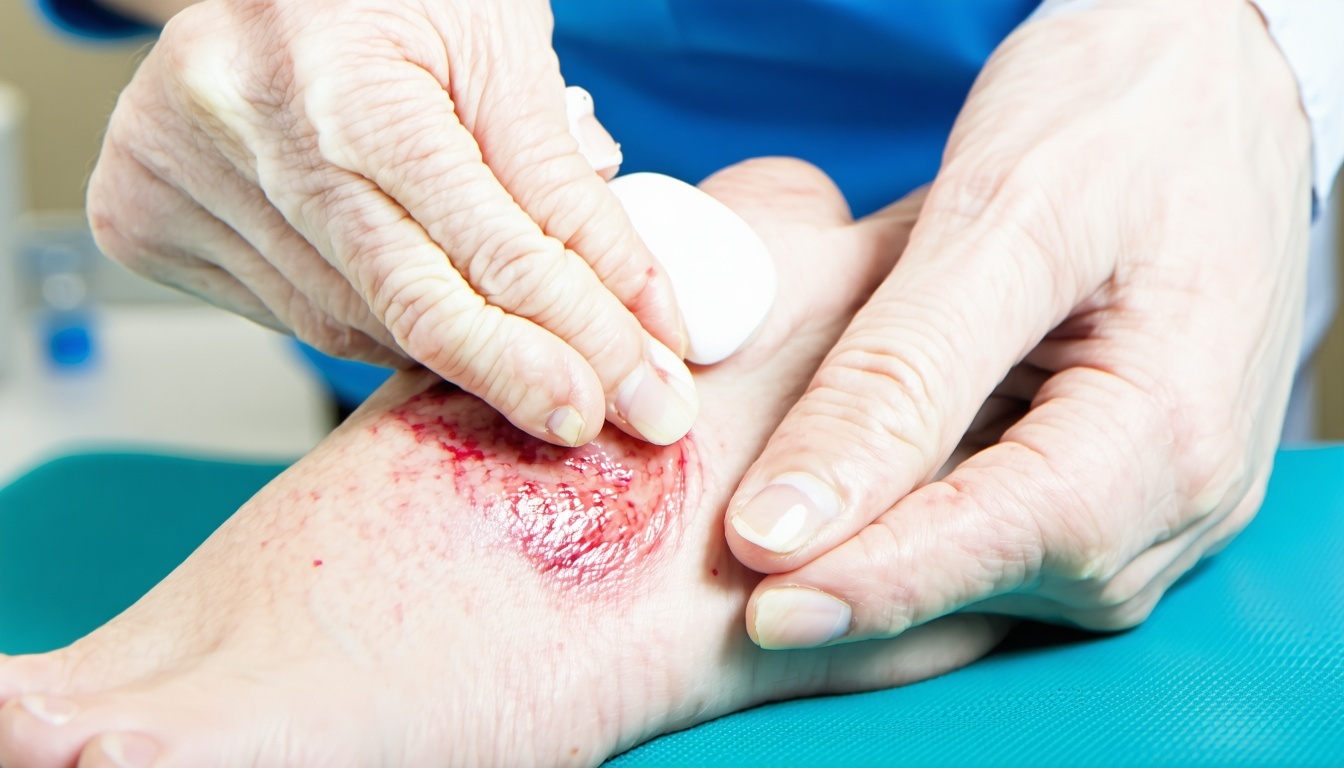 A healthcare professional examining a diabetic foo